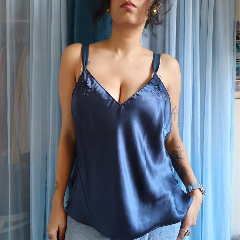 Navy Satin Embroidered Cami Top